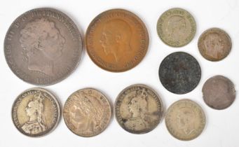Georgian and later silver coinage including 1820 George III crown, 1907 maundy 3d, 1887 French 1