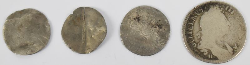 William III shilling, date not legible, together with small group of very worn William silver coins