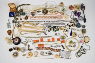 A collection of jewellery including Trifari and Monet necklaces, silver necklace (80g), marcasite