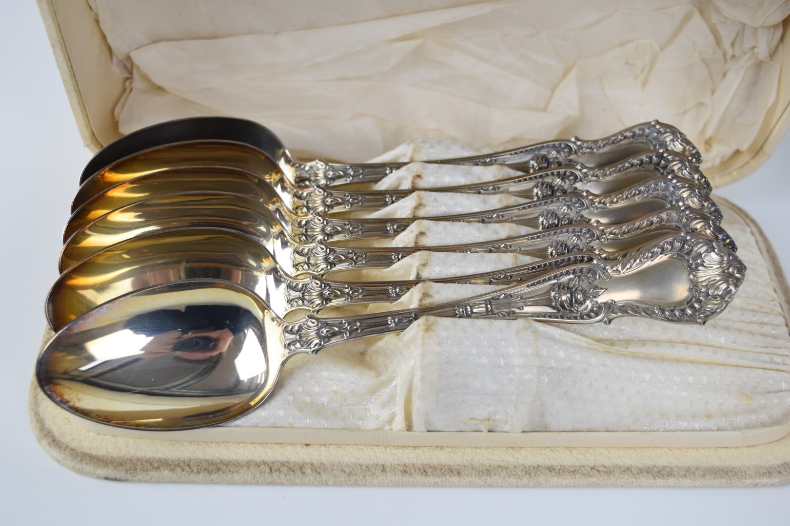 Two cases of Gorham and similar American silver spoons, comprising six table spoons and six - Image 2 of 5