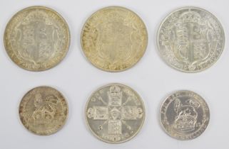 George V six pre-1920 silver coins including almost uncirculated, lusters and high grade examples