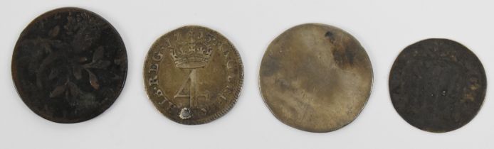 Queen Anne 1702-14 very worn sixpence and a holed Maundy fourpence, good 'gap fillers', together