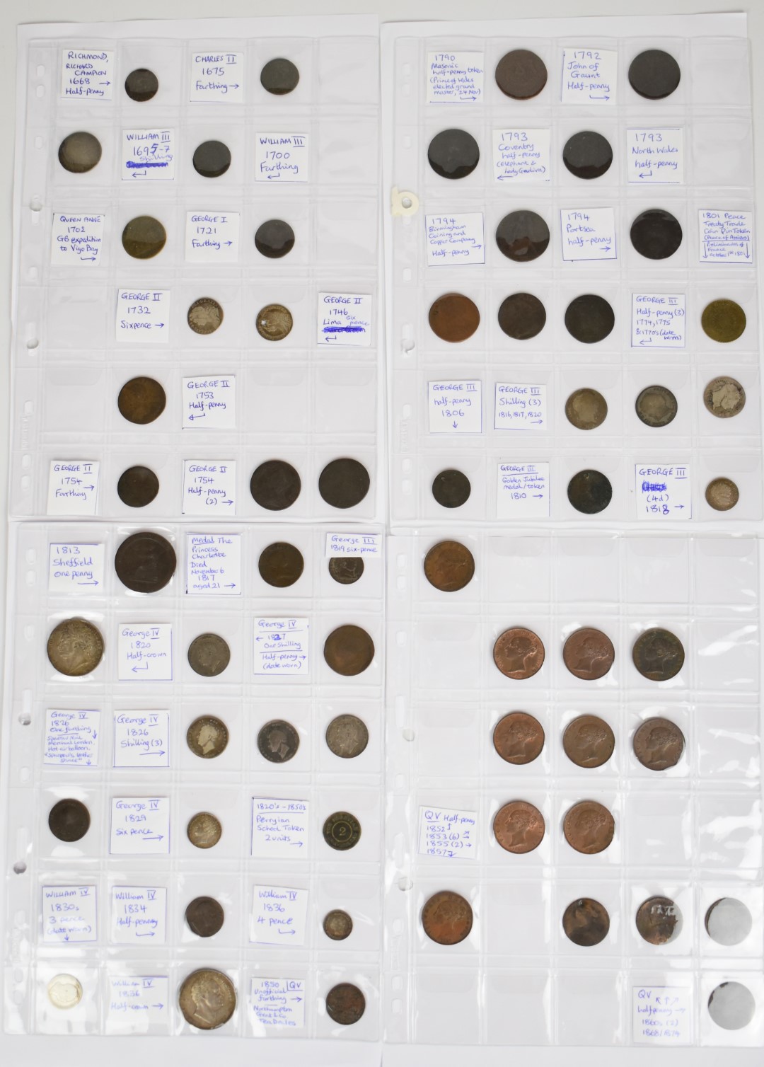 A collection of mainly 19th century world coinage and tokens to include Charles II, William III