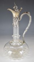 Victorian hallmarked silver mounted cut glass claret jug with vine decoration, London 1861, maker