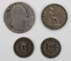 William IV 1836 fourpence together with an 1833 three halfpence, 1834 three halfpence and 1836 three