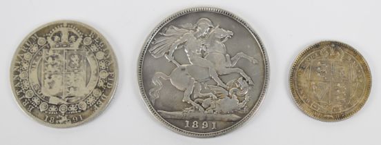 Queen Victoria Jubilee silver coins comprising 1891 crown and halfcrown, together with an 1887