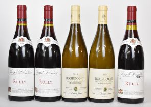 Five bottles of wine comprising three Joseph Drouhin Rully 2007 12.5% vol and two Domaine Jomain