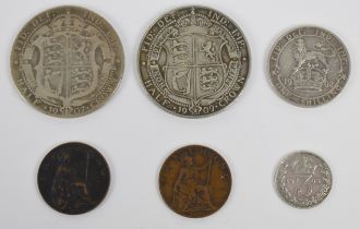 Edward VII six coins comprising 1906 and 1909 half crowns, 1902 shilling, 1903 threepence and two