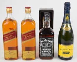 Four bottles of alcohol comprising two Johnnie Walker Red Label Old Scotch Whisky 1l 43%, Jack