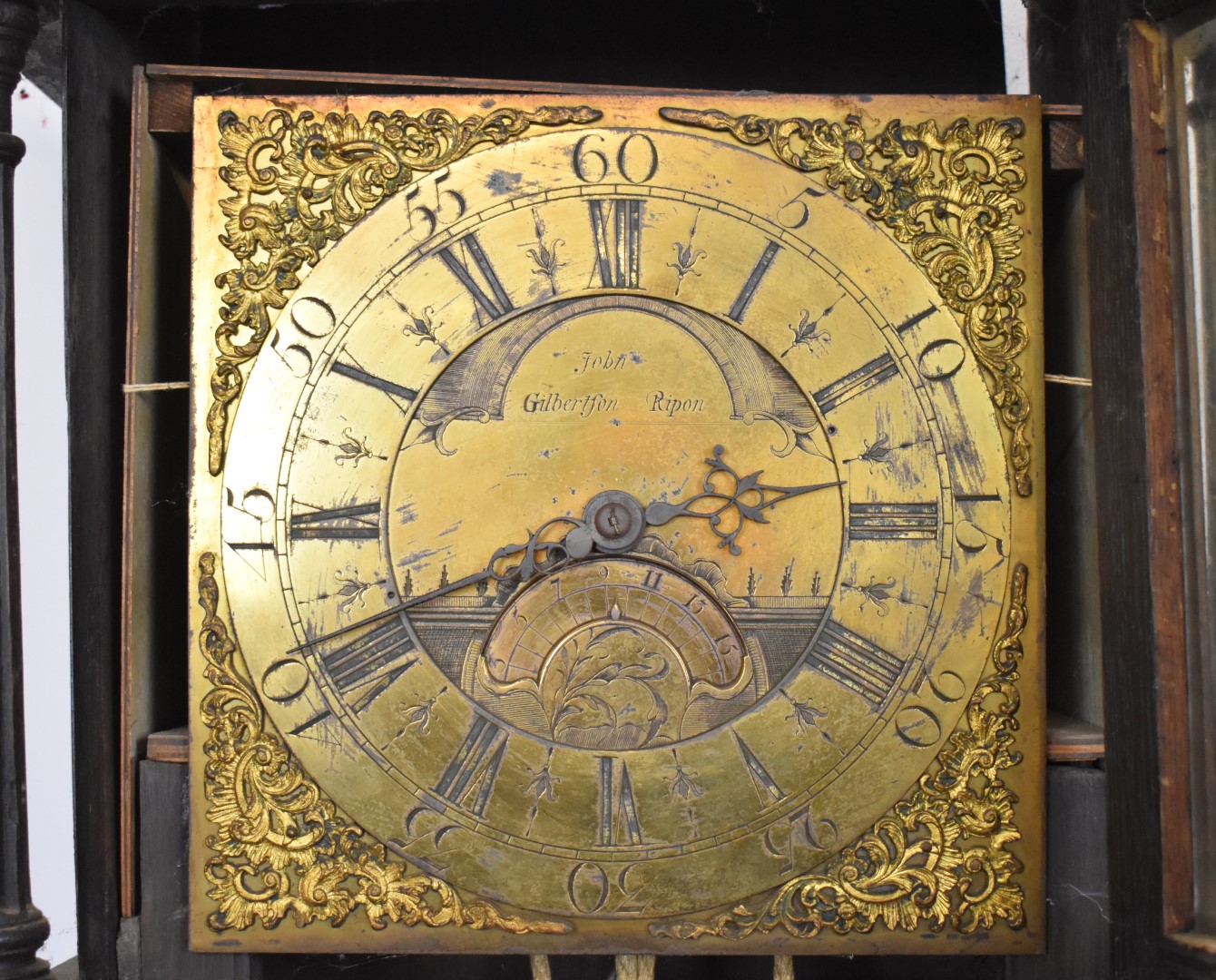 John Gibertson, Ripon brass dial 30 hour longcase clock with carved oak ...
