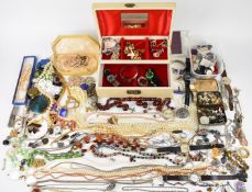 A collection of jewellery including brooches, necklaces, chains, Accurist watch, silver ring, silver