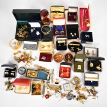 A collection of cufflinks, studs and tie clips including Merlin, Stratton, Toledo, gold plated and