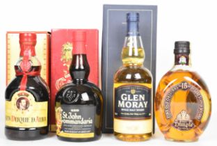 Four bottles of alcohol comprising Glen Moray Single Malt Whisky 70cl 40%, in original box, Dimple