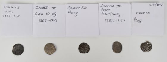 Five hammered coins comprising Edward I, Edward II and Edward III pennies