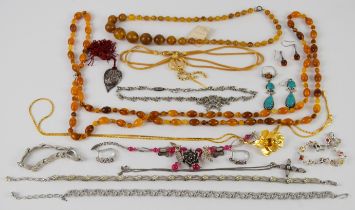 A collection of jewellery including silver earrings, Continental and Trifari necklaces, Trifari