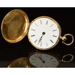 Unnamed 18ct gold full hunter pocket watch with blued hands, black Roman numerals, white enamel