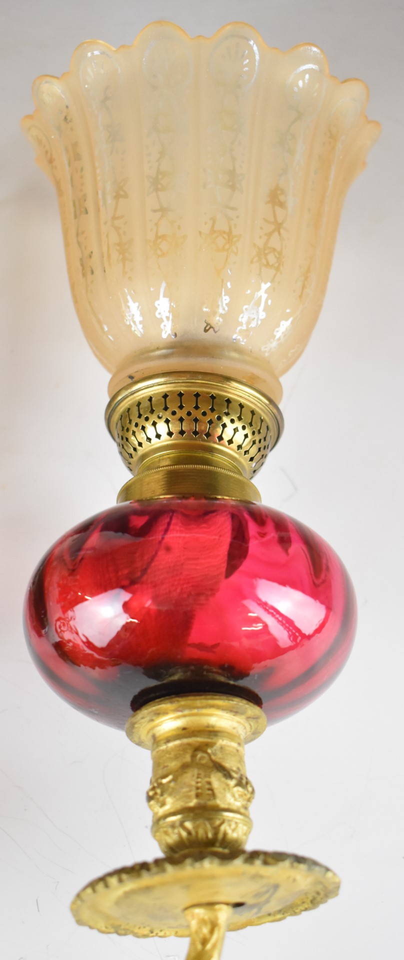 19thC gilt metal and cranberry glass wall sconce or lamp, with bevelled mirror back and twin arms, - Image 3 of 7