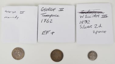 1832 William IV Maundy twopence together with two 1762 George III Maundy three pence
