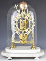 19thC Gothic style skeleton clock with fusee movement, striking on a gong, on white marble base with