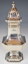 Elkington & Co. Ltd hallmarked silver sugar caster of baluster octagonal form with incuse corners,
