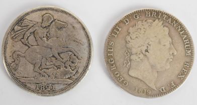 1819 George III silver crown and an 1821 George IV example