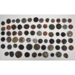 Seventy bronze / copper Roman coins, metal detector finds, all in an indexed wooden collector's