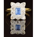 Art Deco 18ct gold ring set with a rectangular cut sapphire surrounded by diamonds in a platinum
