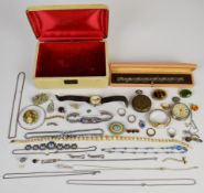 A collection of costume jewellery including silver brooch, bangle and ring, opal pendant, 9ct gold