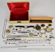 A collection of costume jewellery including silver brooch, bangle and ring, opal pendant, 9ct gold