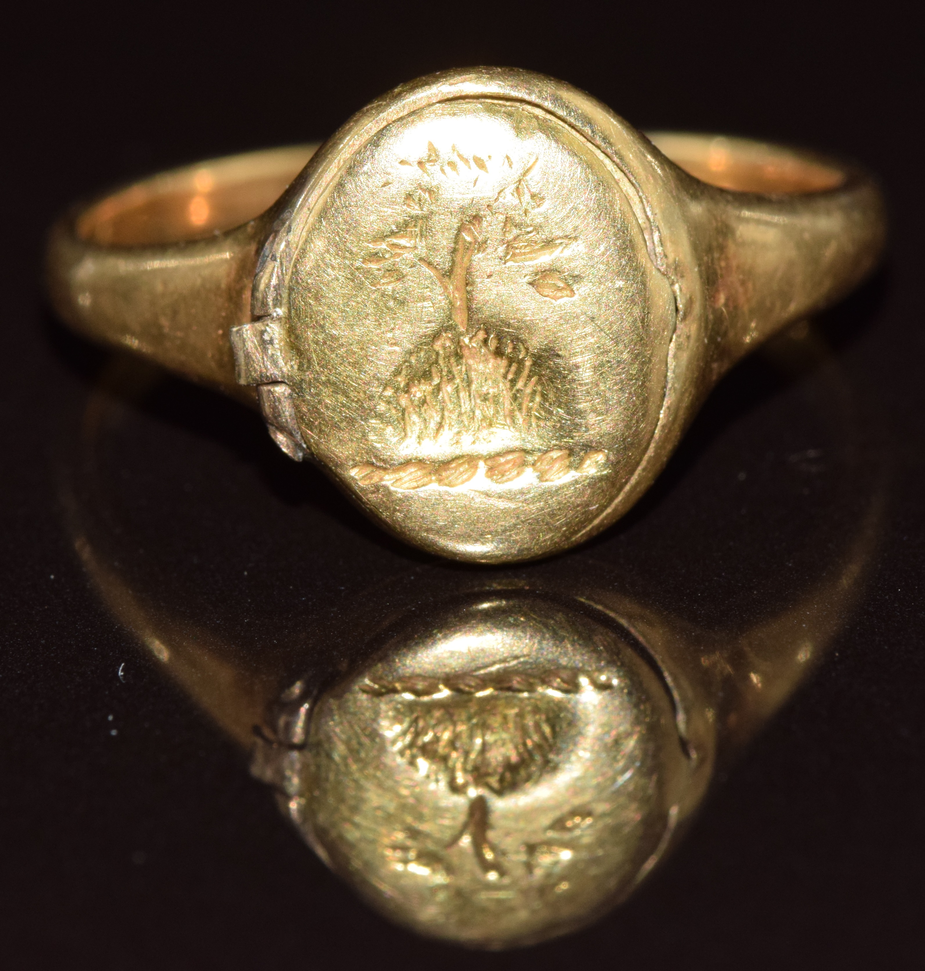 Victorian 18ct gold signet ring with oak tree decoration with locket compartment opening to reveal a