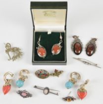 Four pairs of silver earrings, one pair set with agate, one faux turquoise, one faux coral and one