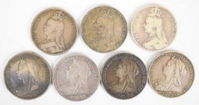 Seven Queen Victoria crowns comprising 1889, two 1890, 1893, two 1899 and 1900