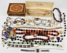 A collection of jewellery including Japanese Satsuma beaded necklace, silver including bracelet,