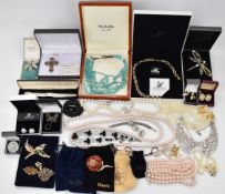 Collection of costume jewellery including Swarovski brooch, necklace and earrings, silver