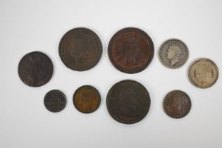 A collection of nine George III, George IV and Queen Victoria silver and copper coins comprising