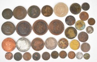 Collection of coins including Roman, Georgian, Irish, 1804 dollar copy, replica cartwheel pennies