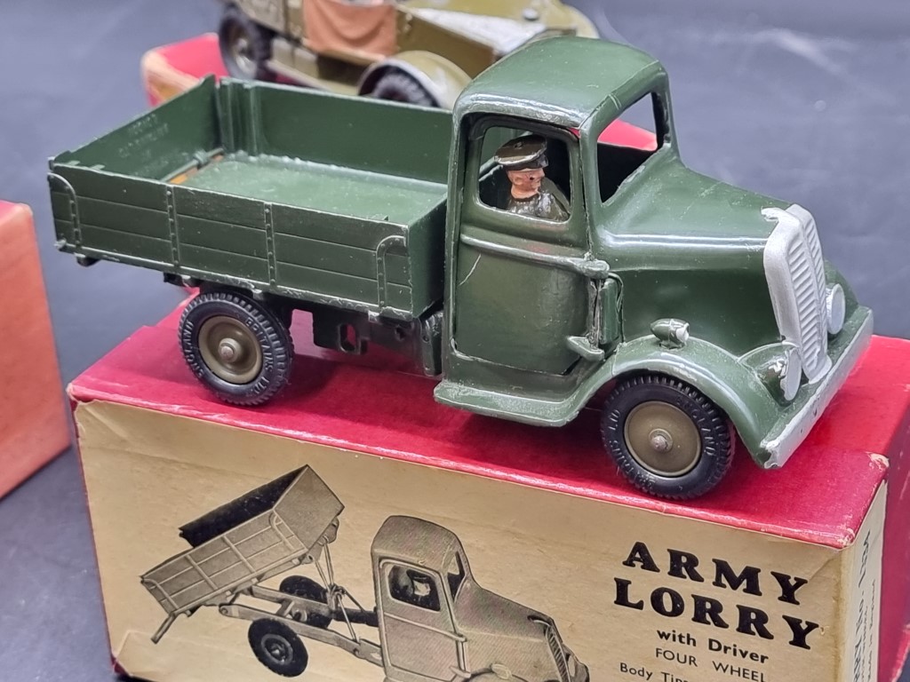 Britains: three vintage military vehicles, comprising: Army Lorry No.1334 (x2); a Beetle Lorry No. - Image 2 of 4