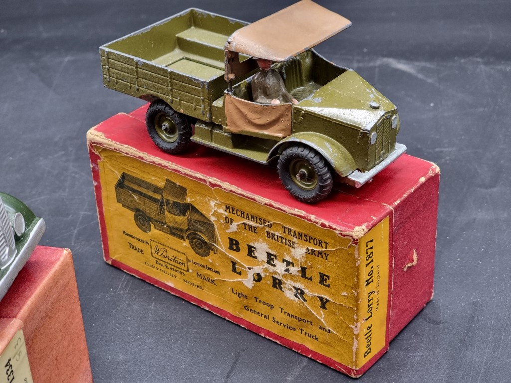 Britains: three vintage military vehicles, comprising: Army Lorry No.1334 (x2); a Beetle Lorry No. - Image 4 of 4
