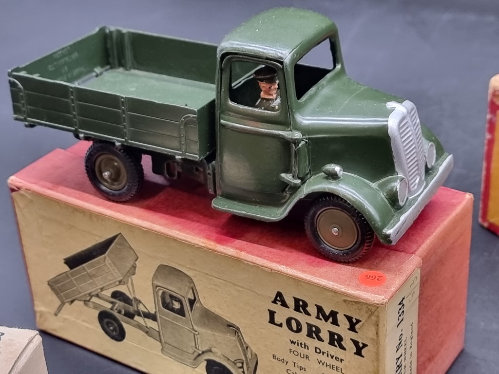 Britains: three vintage military vehicles, comprising: Army Lorry No.1334 (x2); a Beetle Lorry No. - Image 3 of 4