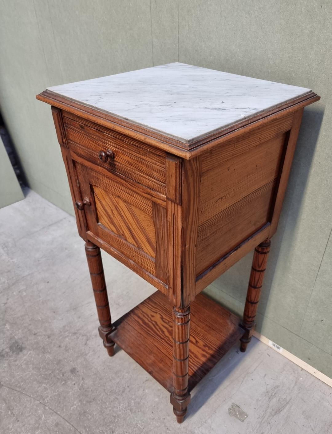 A Victorian pitch pine and marble top pot cupboard, 39.5cm wide. - Image 2 of 4