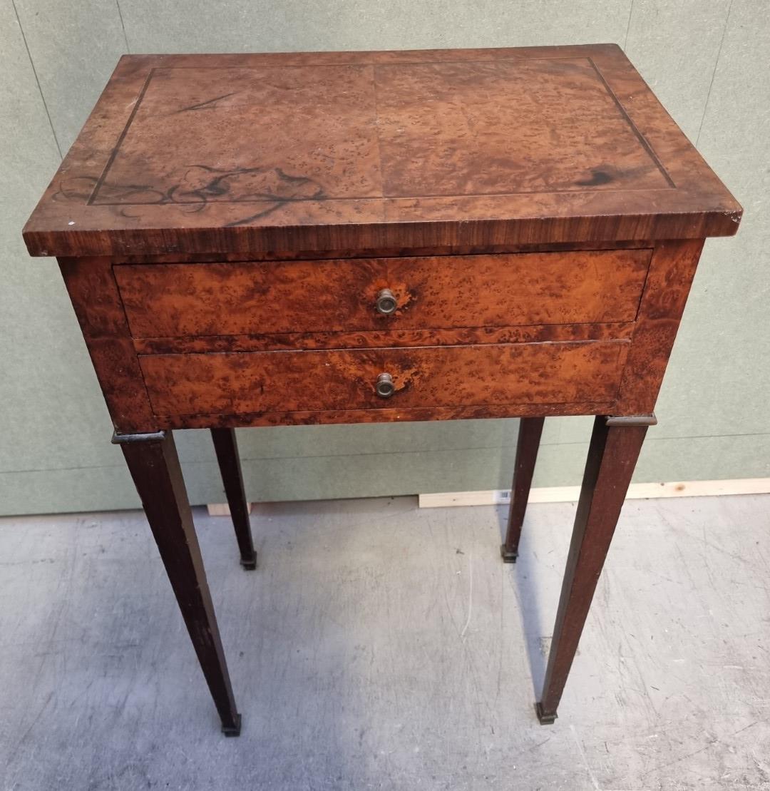 An unusual 19th century burr yew and mahogany occasional table, with two frieze drawers, 45cm wide.