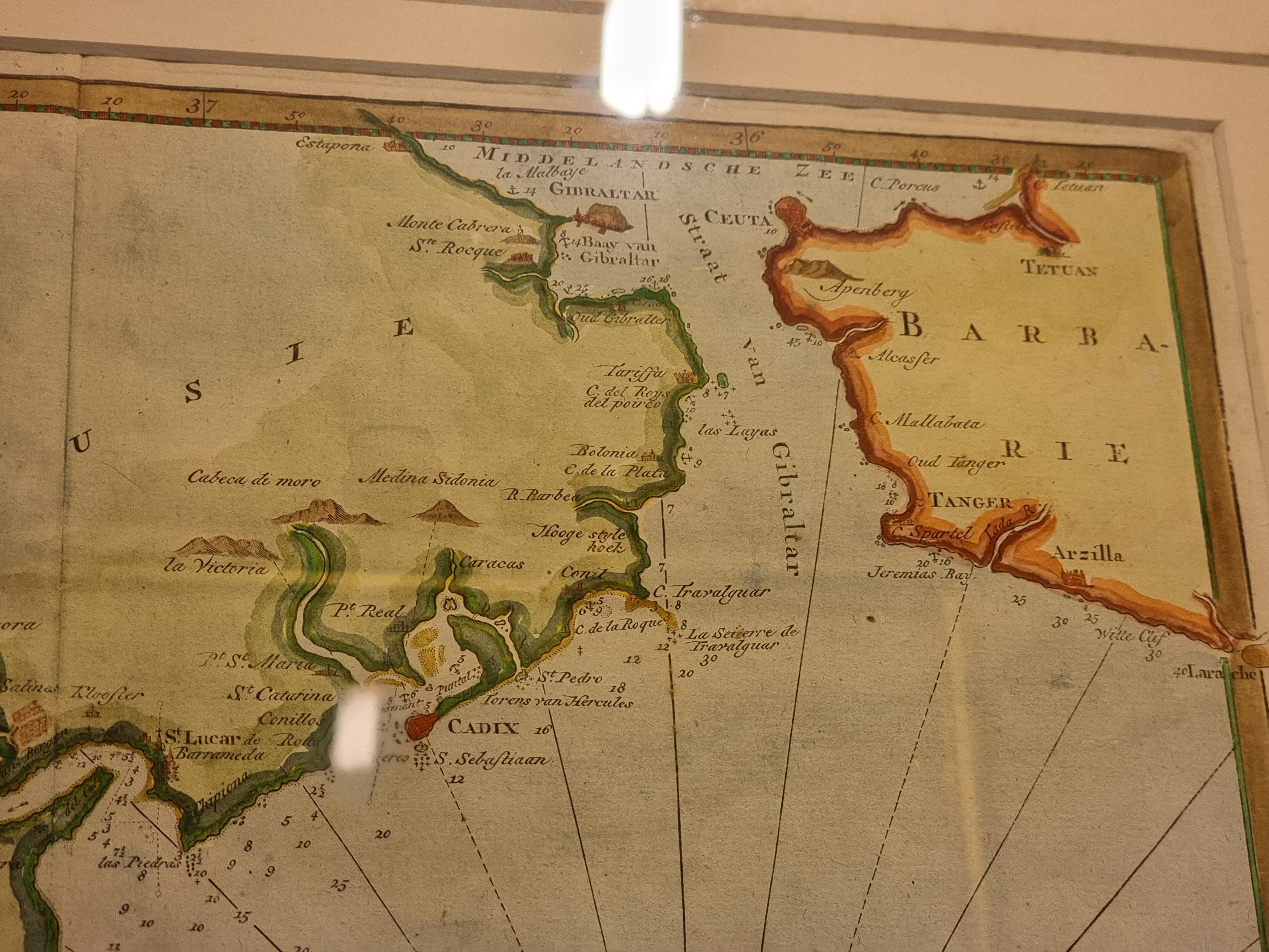 An antique hand coloured map of 'Nieuwe Zeekaart van der Straat van Gibraltar', by Isaak Tirion, - Image 4 of 5