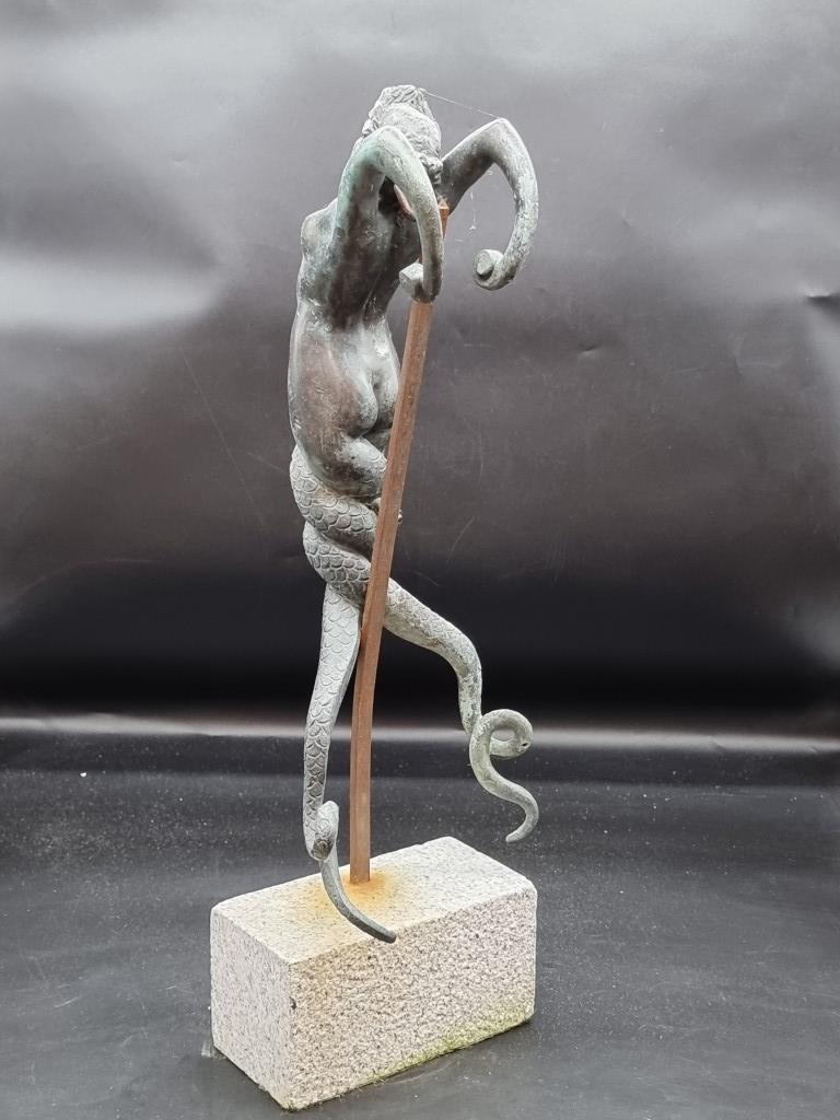 A bronze or copper alloy figure of a mermaid, with bifurcated tail, on granite base, 63cm high. - Image 3 of 3