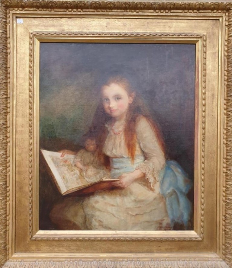 English School, late 19th century, a three quarter length portrait of a young girl reading to her