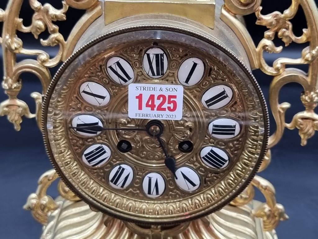 A brass mantel clock, with enamel chapter ring, 41.5cm high, with pendulum and winding key. - Image 2 of 6