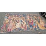 A tapestry wall hanging, depicting Mediaeval figures making wine, 270 x 145cm.