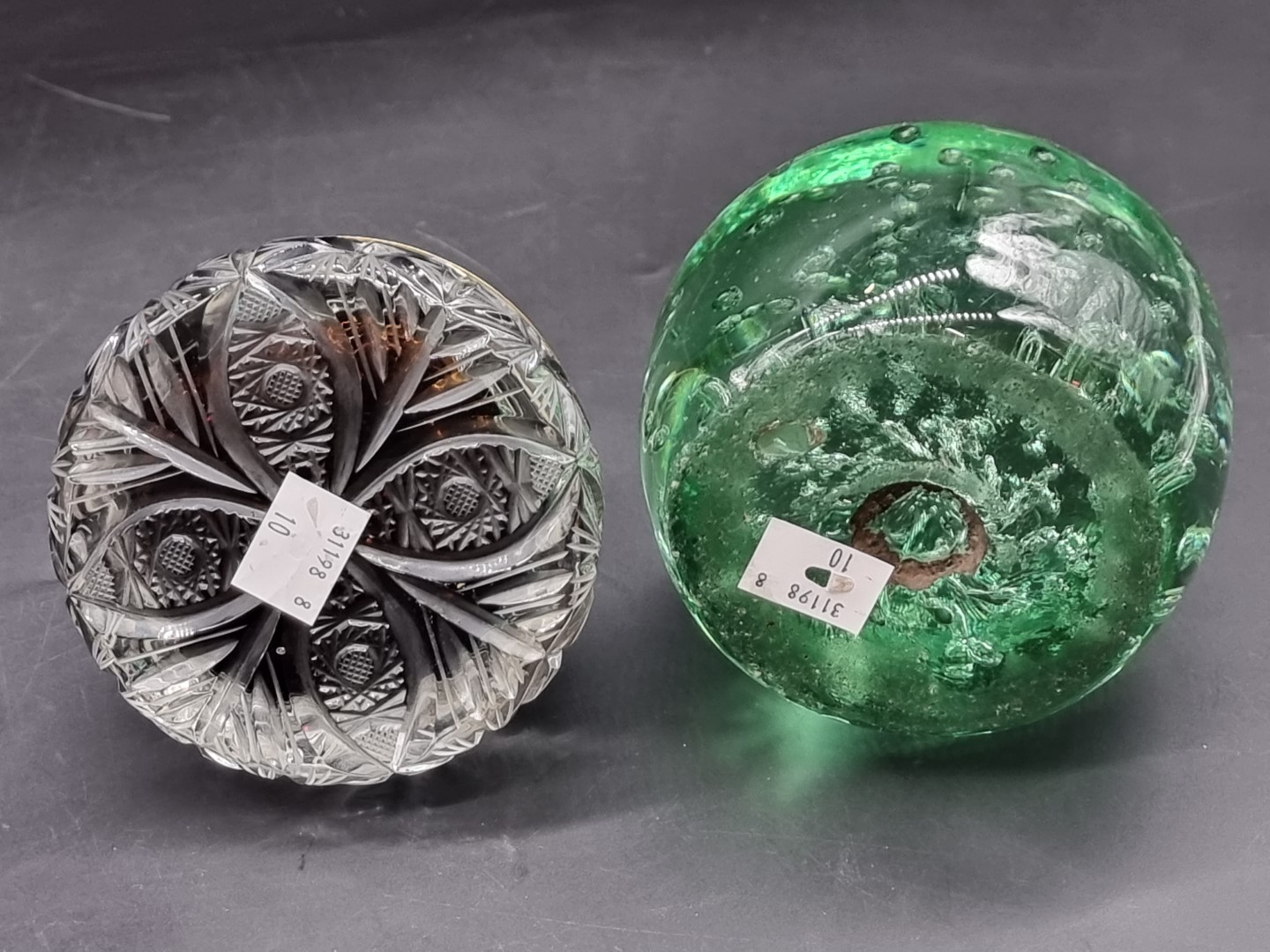 A pair of cut glass inkwells and stoppers, 14cm high; together with a green glass dump - Image 5 of 5
