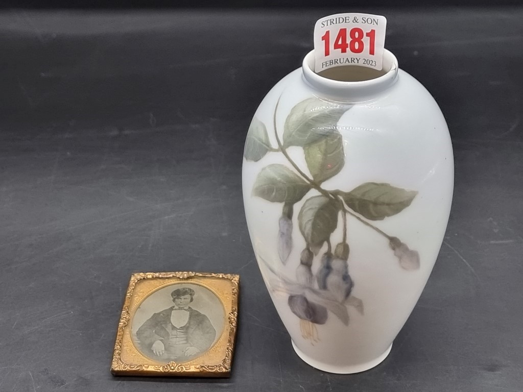 A Royal Copenhagen vase, 14cm high; together with an ambrotype photograph, 5.4 x 5.2cm oval, in gilt