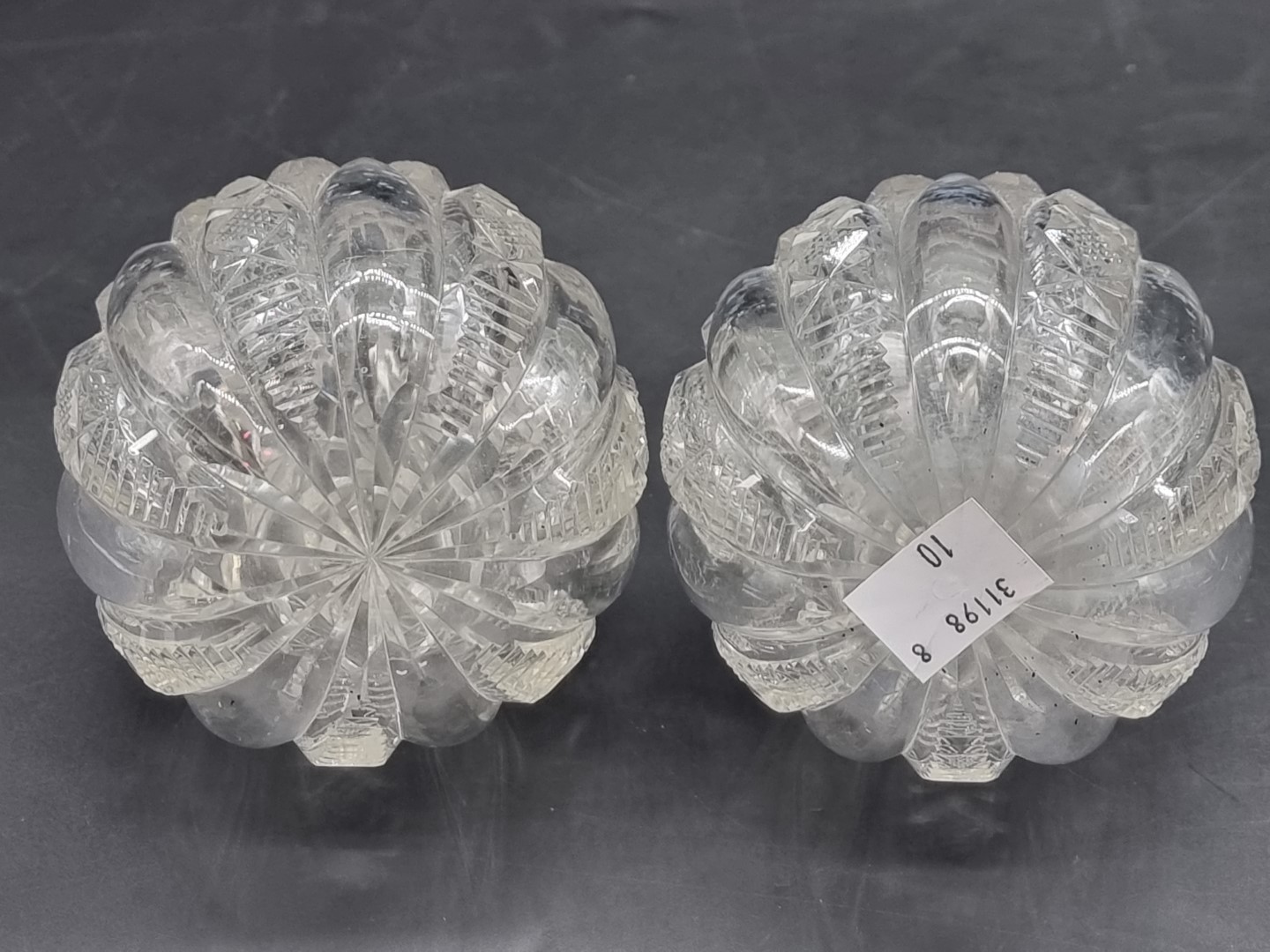 A pair of cut glass inkwells and stoppers, 14cm high; together with a green glass dump - Image 3 of 5