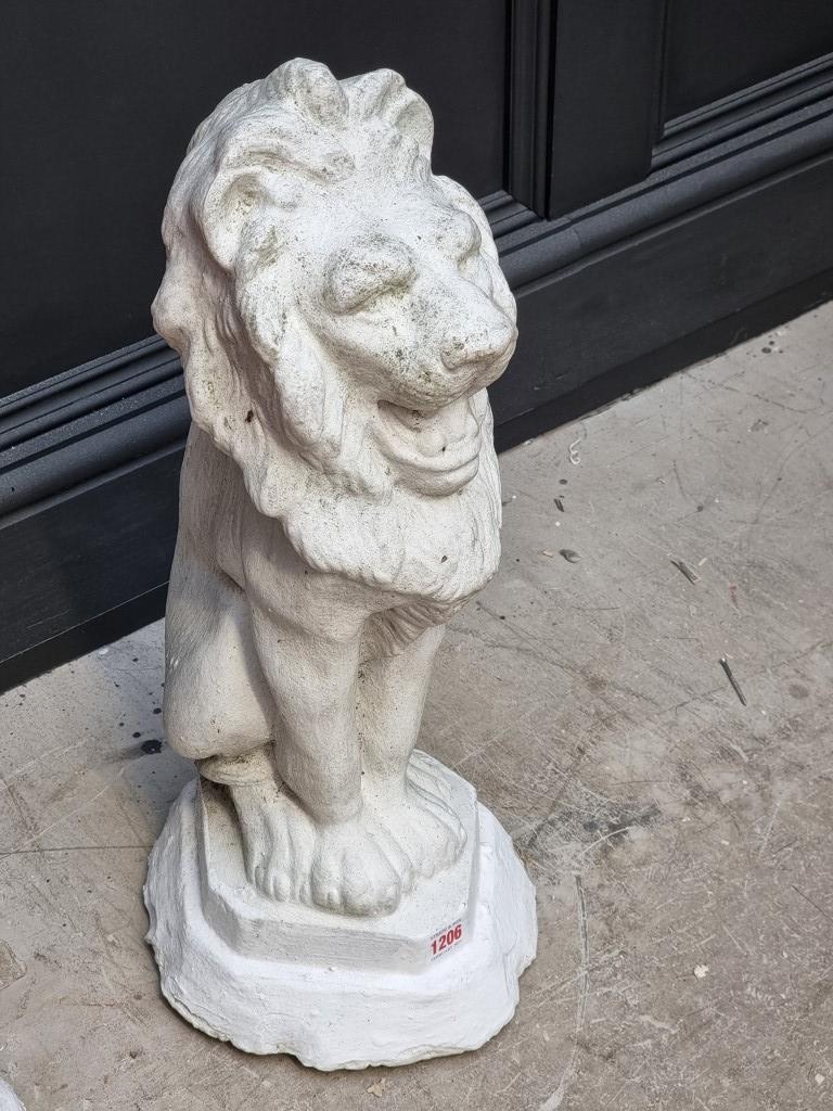A pair of white painted composition stone lion gate pier finials, 56cm high. - Image 4 of 6